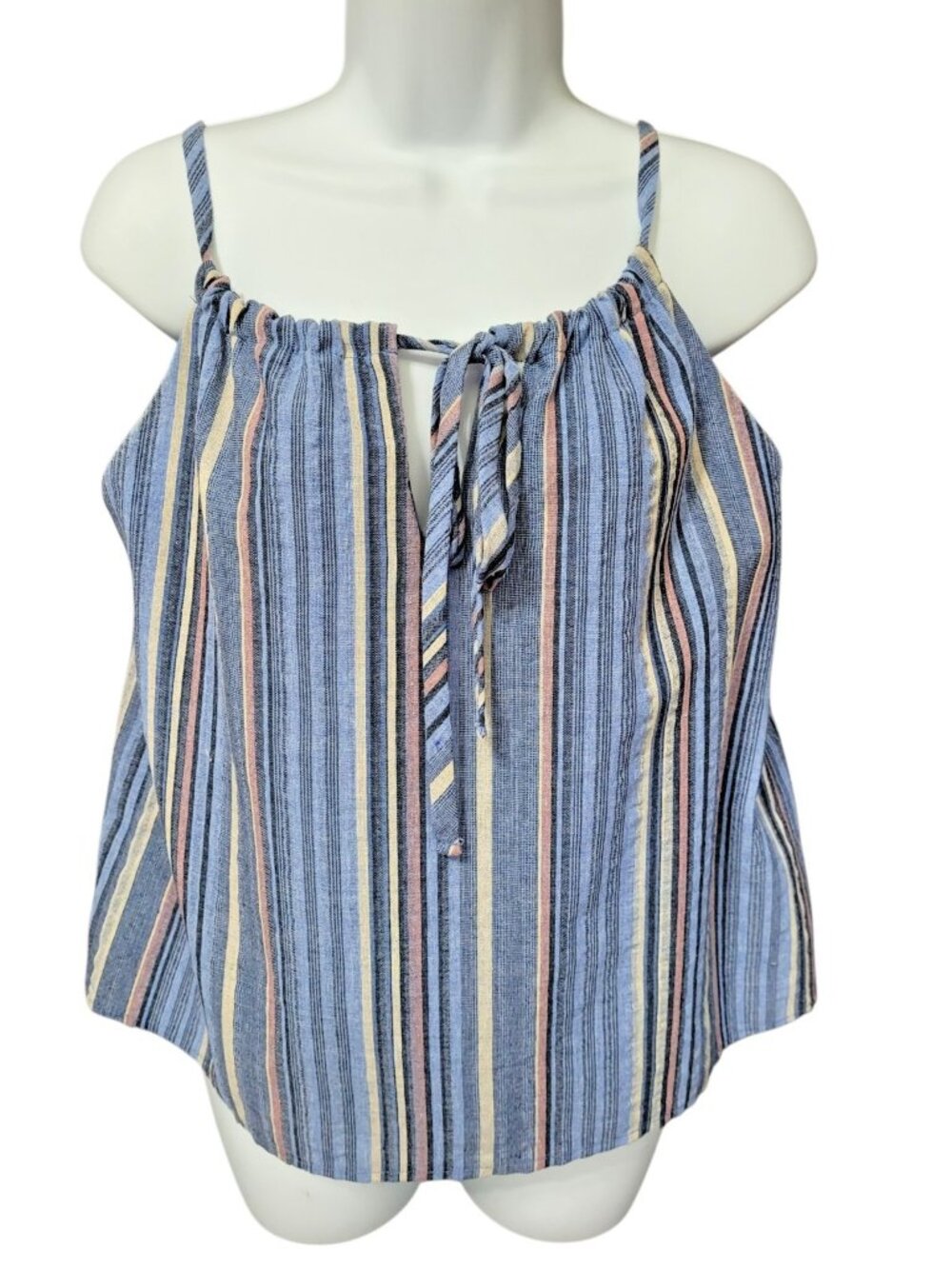 Everly Womens  Tank Blouse Size S Tank Shirt Blue Stripe Lined Strappy Keyhole - Picture 2 of 16